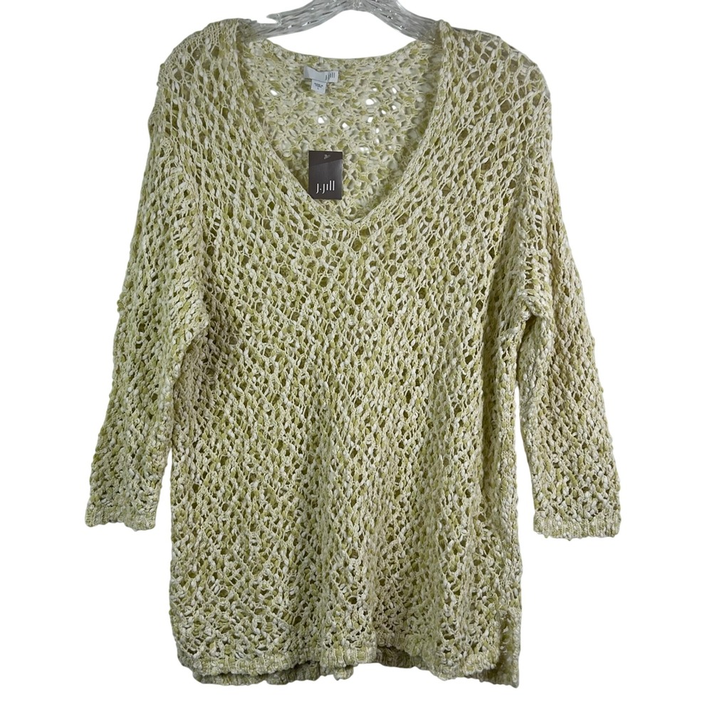 J. Jill Lemongrass Open Knit Cotton V-Neck Sweater Yellow White Large NEW
